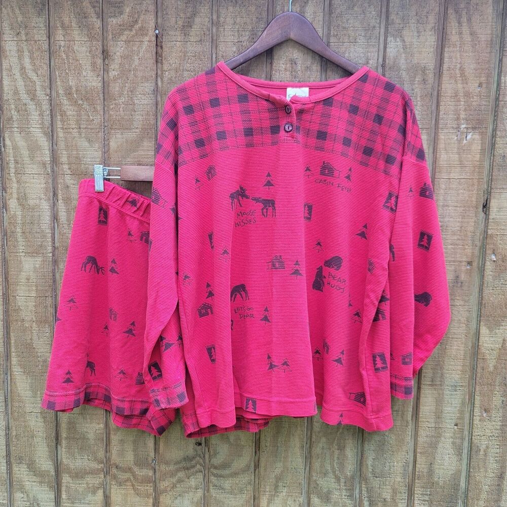 Artisans 2 Piece Pajama Thermal Short Set Vintage No Size Tag Red Christmas